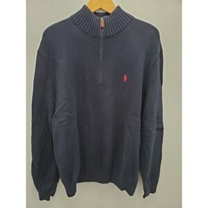 Polo Ralph Lauren 1/4 Zip Sweater Mens XL Navy Blue w/ Red Pony 100% Cotton‎